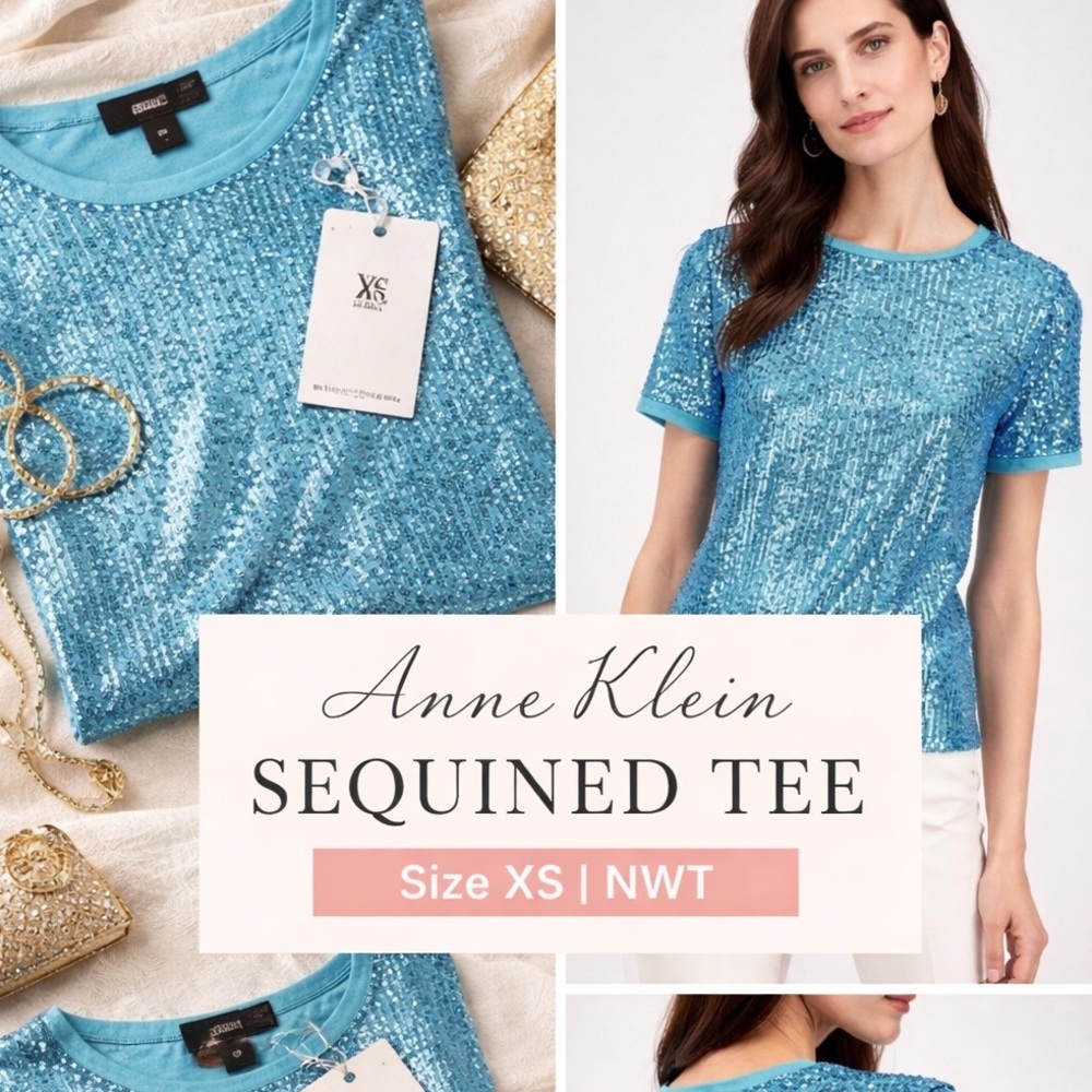 Anne Klein Sequin Tee XS Pool Blue NWT Sparkle Top Short Sleeve Glam Tee Party
